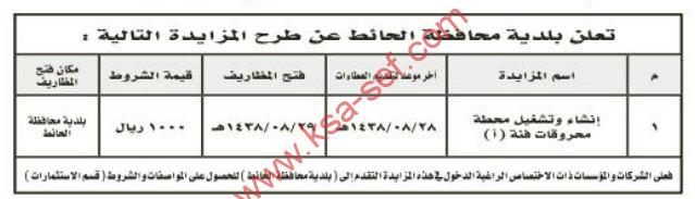 تعلن بلدية محافظة الحائط عن طرح المزايدة التالية ملتقى السعودية وظائف السعوديه وظائف شاغرة فى السعوديه توظيف السعوديه تنقيب السعوديه