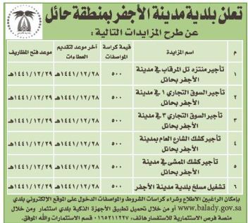 تعلن بلدية مدينة الأجفر بمنطقة حائل عن طرح مزايدات التالية :